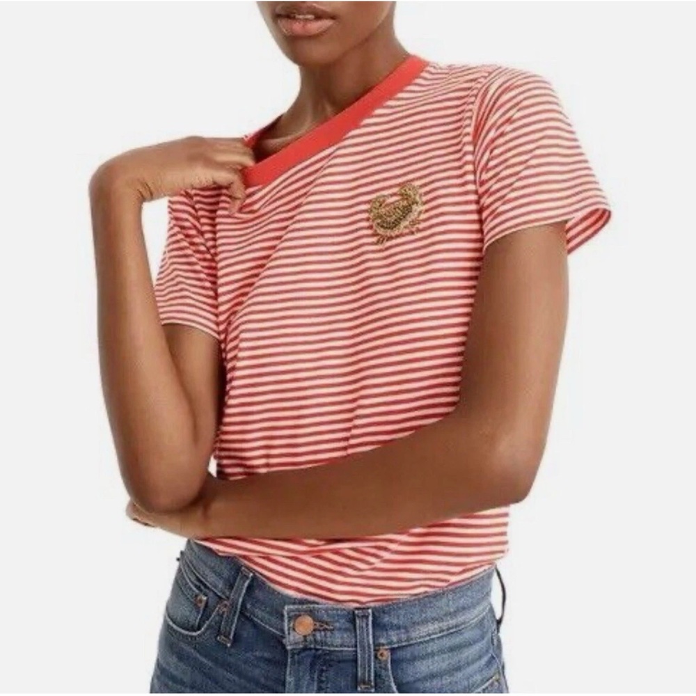 J.CREW Red & White Stripe Beaded Crab Nautical Embellished Tee